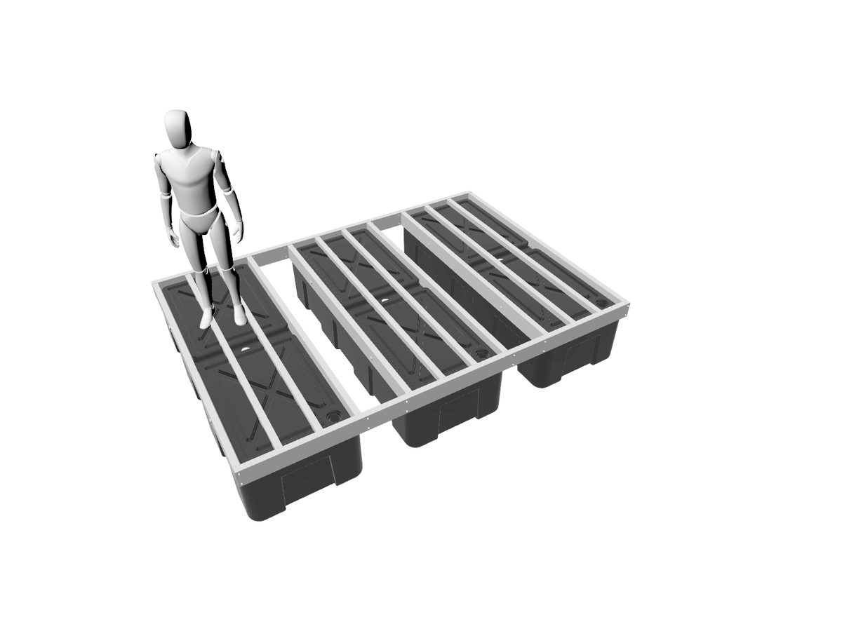DJ150 deck-joisted modular pontoon frame with longitudinal aluminium joists, 3D render