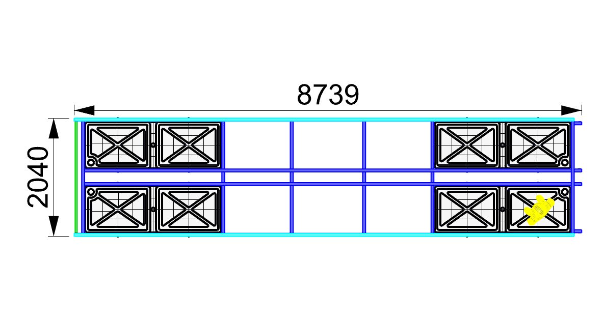 DoubleCat dual-float marina and walkway pontoon, dimensioned plan