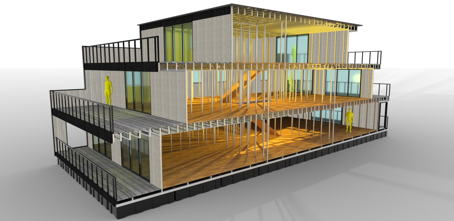 Luxury three-storey floating home houseboat, cutaway example render of a DIY kit build