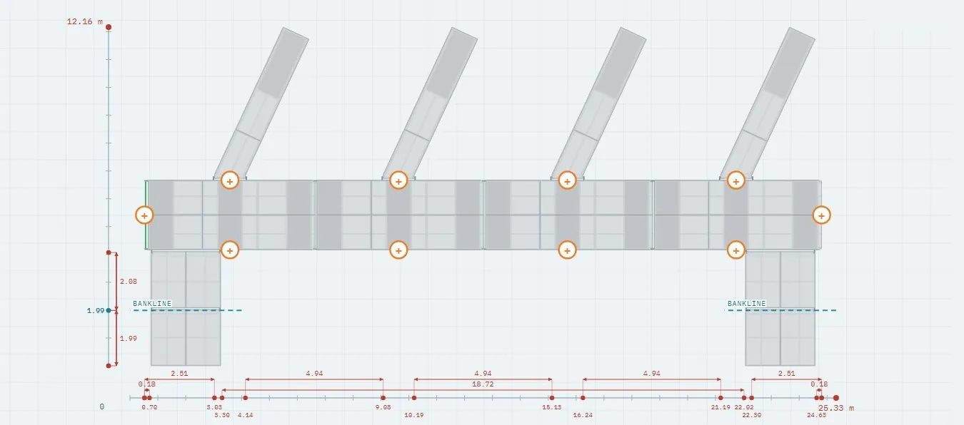 Marina finger network laid out in the Mooring and Marina Builder plan view