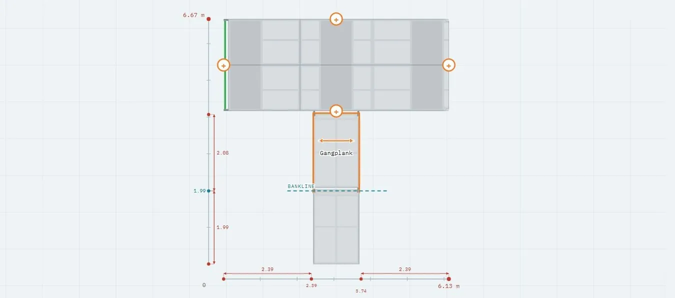 End-of-garden pontoon mooring layout: spine pontoon, gangplank and shore plinth, plan view from the mooring builder