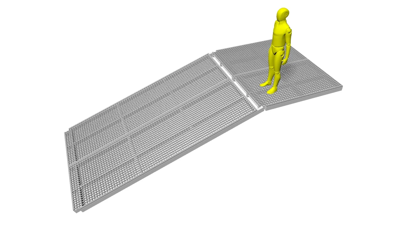 Long full-width articulated gangplank with shore plinth, 3D render