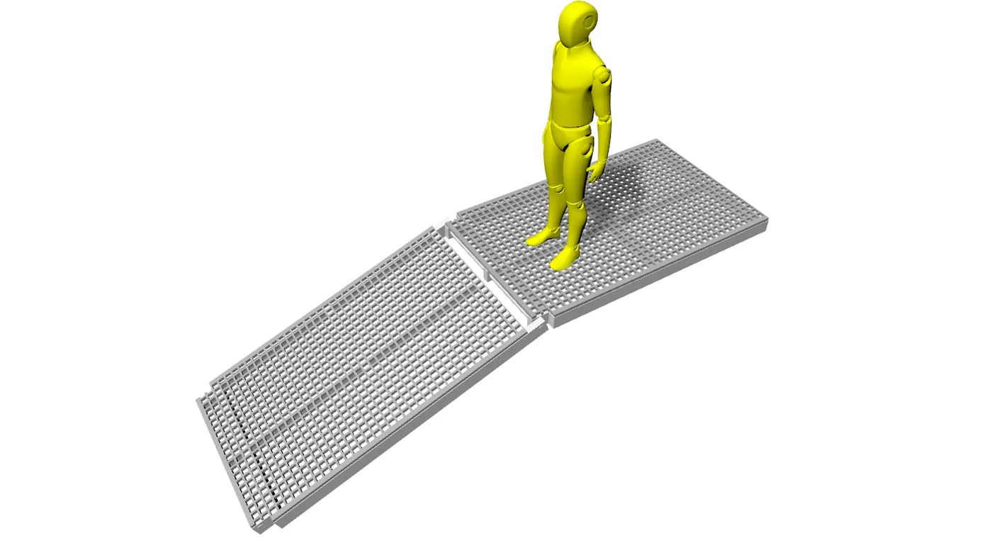 Compact walkway-width articulated gangplank with shore plinth, 3D render