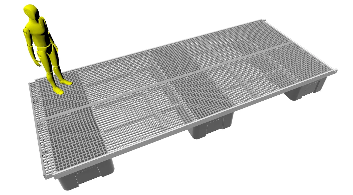Trimaran spine pontoon module, three Cutlass floats, 3D render