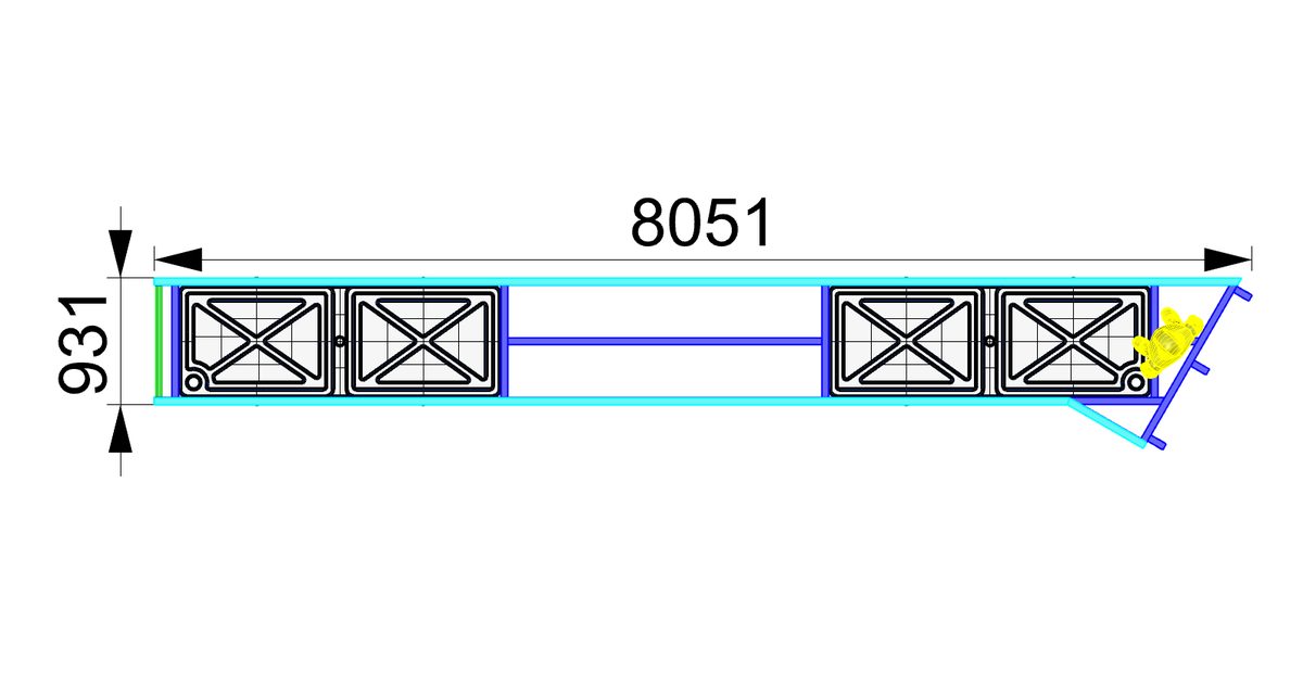 Mono-Module single-run finger-mooring pontoon, dimensioned plan