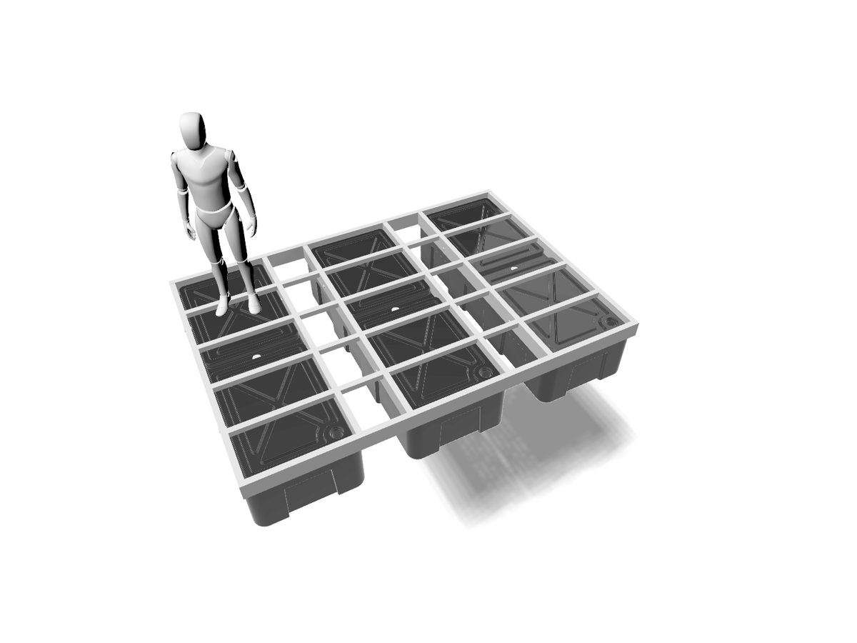 PJ150 panel-joisted modular pontoon frame with port-starboard cross-joists, 3D render