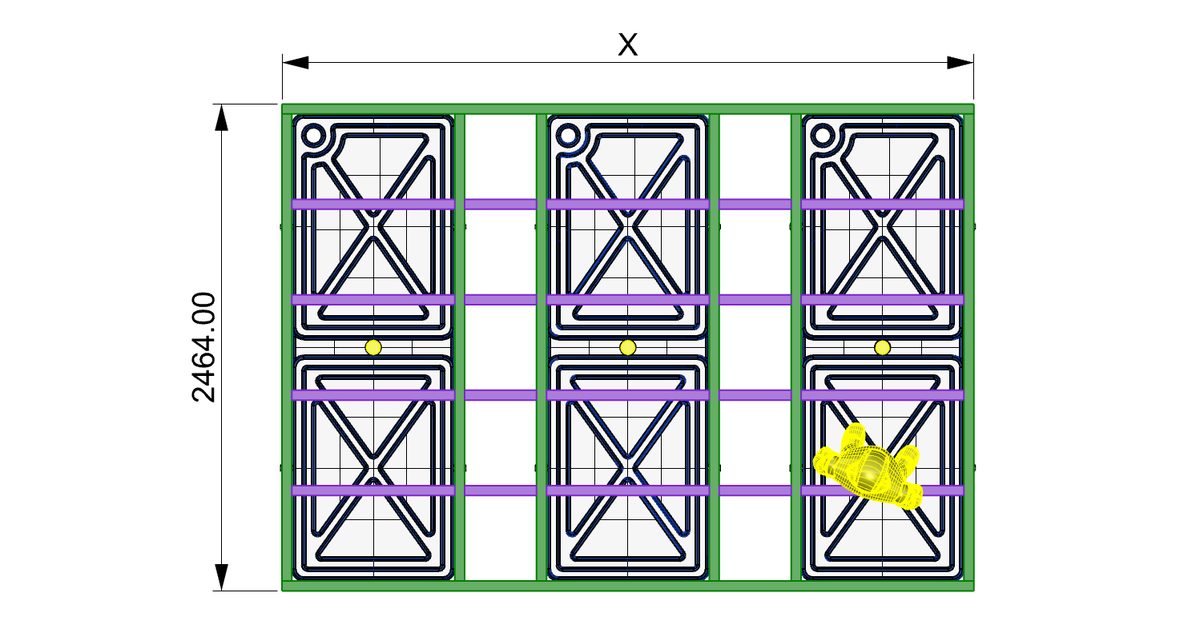 PJ150 panel-joisted modular pontoon frame with port-starboard cross-joists, dimensioned plan