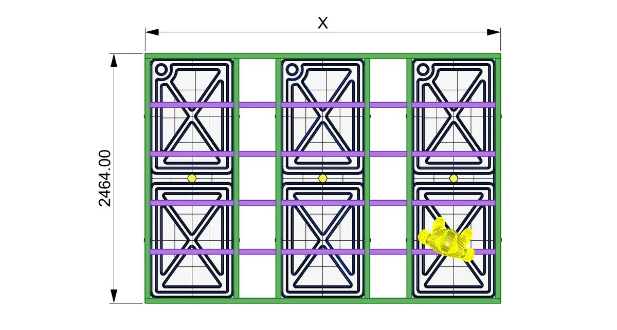 PJ150 panel-joisted modular pontoon frame with port-starboard cross-joists, dimensioned plan