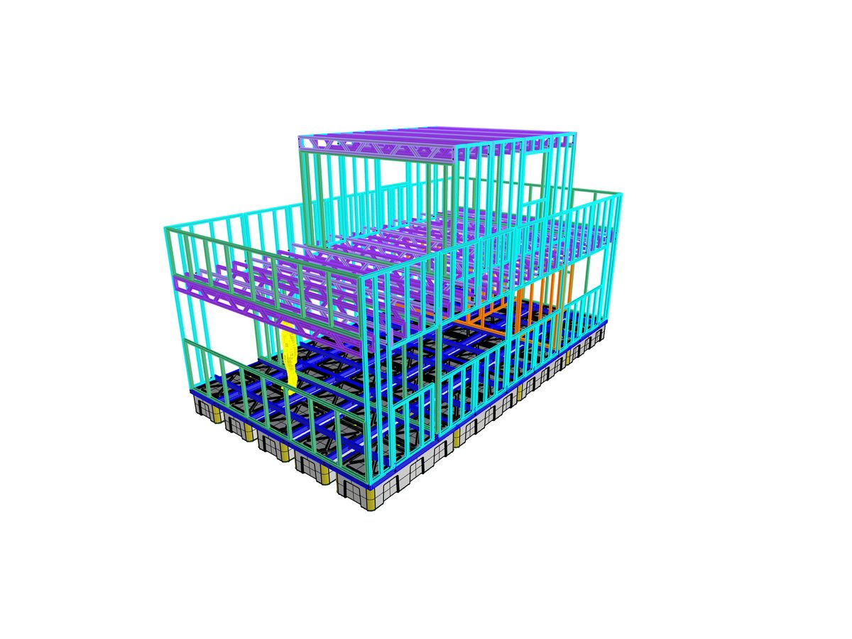 Two-storey houseboat with railed roof terrace, technical example render