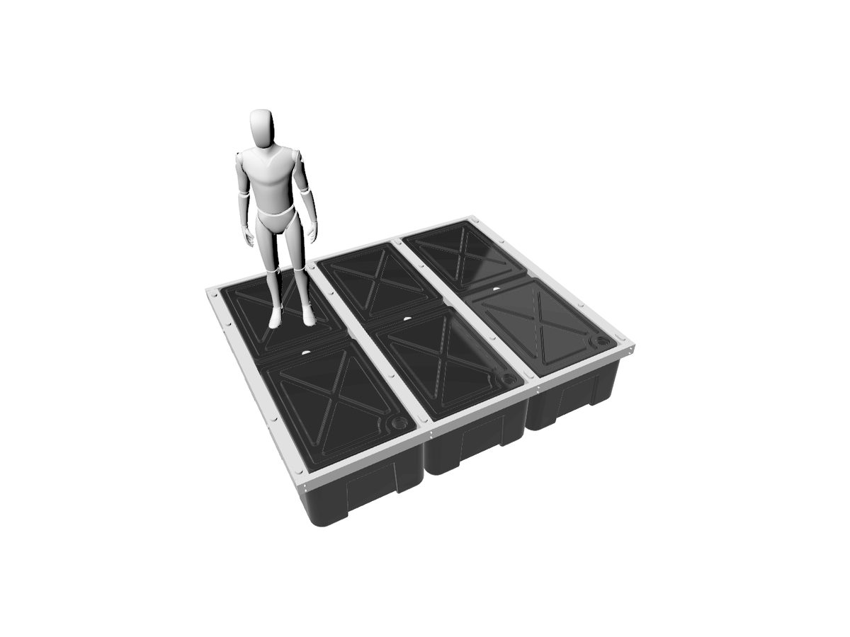 UB100 ultra-buoyant modular pontoon base with floats packed broadside-to-broadside, 3D render