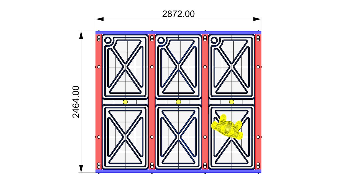 UB100 ultra-buoyant modular pontoon base with floats packed broadside-to-broadside, dimensioned plan
